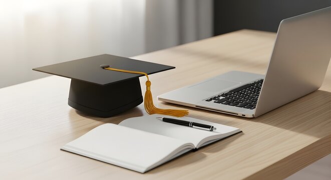Close-up of a graduation cap, a pen, and an open journal next to a silver laptop on a clean wooden table.