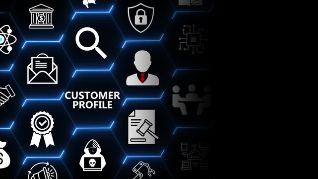 Customer profile concept with user and data elements for identity management personalization targeting and business analytics in modern digital systems 4k animation video