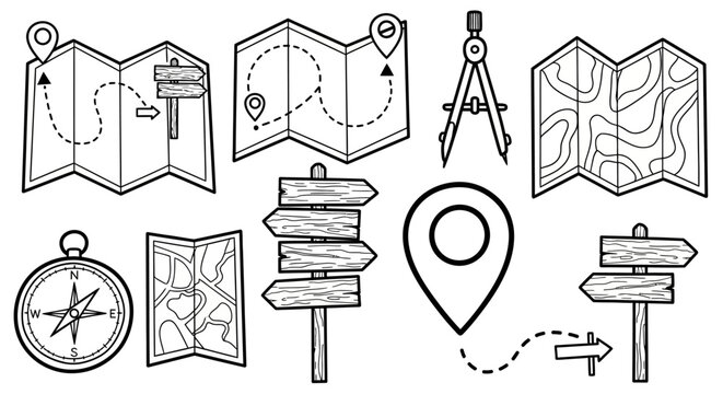 Cartoon illustration of various navigation icons including maps signs and compasses