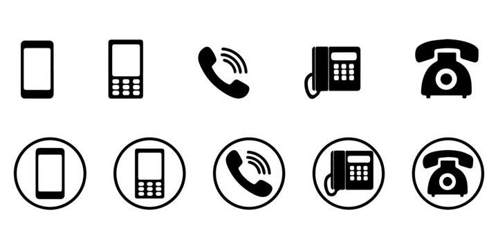 Telephone Icons: Smartphone, Mobile, and Desk Phone Designs.