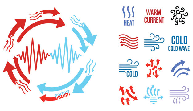 Red and blue arrow. Air heat and cold wave, warm and cooling wind circle. Flow direction, hot current hvac conditioner icon. Ventilation arrows, airflow stream motion speed signs. Vector isolated set