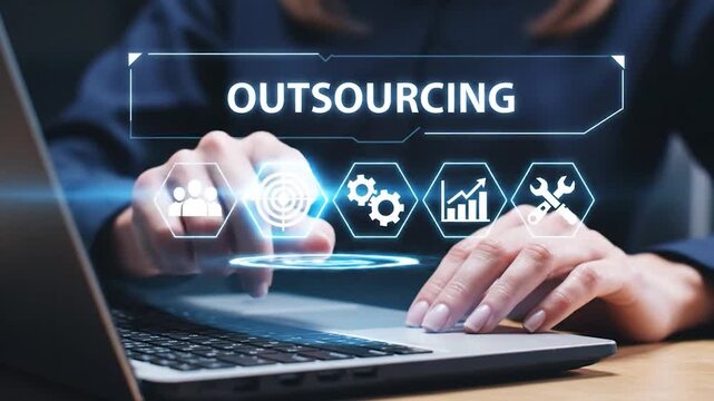 Outsourcing concept business diagram with icons for teamwork targeting efficiency growth and tools on laptop screen business people working digital technology