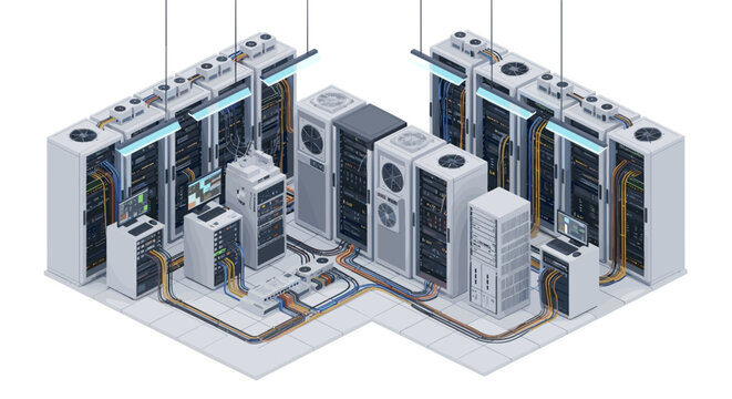 Modern data center server racks with cooling systems in isometric view technology
