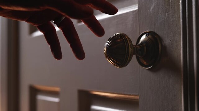 A hand reaches out to turn a door knob, opening the door to a dimly lit room. Slow dolly in camera movement