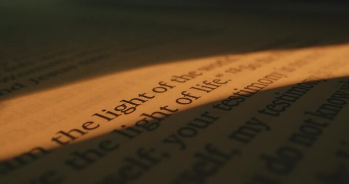 A detailed view of text on a page, highlighted by a play of light and shadow. The words the light of life are prominently visible.