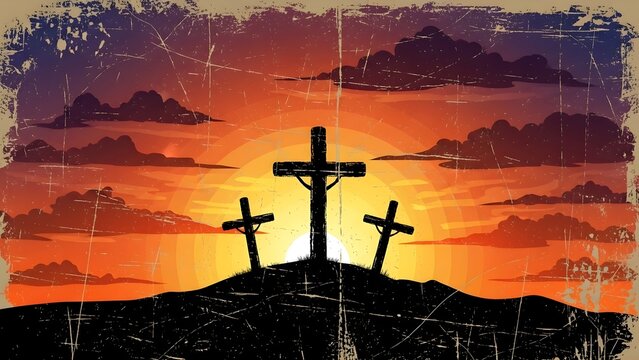 Silhouette of Jesus Christ on a wooden crucifix atop a mountain hill against a dramatic sunset sky, a powerful religious symbol of faith, resurrection, and prayer in the light of heaven