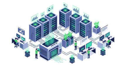 Fototapeta premium Modern data center with servers workstations and technicians managing it