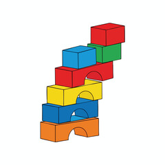Fototapeta premium Stack of colorful wooden blocks, some arch-shaped, forming a staggered tower
