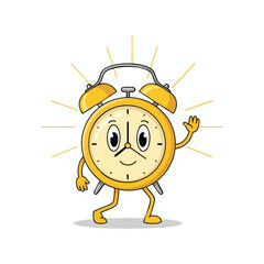 Obraz premium Cheerful yellow alarm clock with arms and legs waving hello