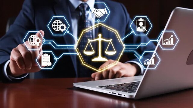 Lawyer interacting with futuristic holographic interface showing scales of justice and legal business icons over laptop computer technology concept
