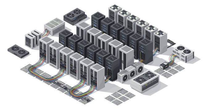 Isometric view of a modern data center server rack array with cooling fans