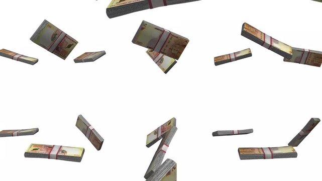 Eswatini Money, Swazi Lilangeni Banknotes Falling, SZL Currency Stacks, White Background, 4K