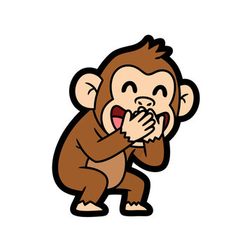 Funny cartoon monkey laughing and covering mouth, isolated on white background