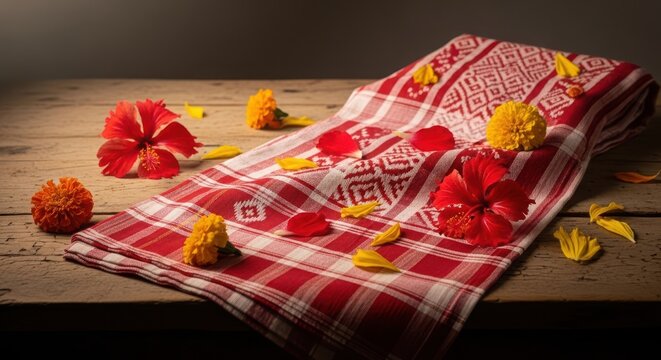 Red and white textile adorned with vibrant hibiscus and marigold flowers high quality
