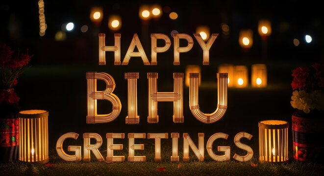 Illuminated happy bihu greetings sign with candles celebrating the assamese new year