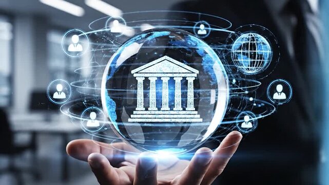 Global finance and banking success motion graphic with ascending bars and interconnected network of people signifying economic growth and international investment opportunities