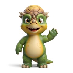 Fototapeta premium Cartoon dinosaur character smiling and waving against a white backdrop
