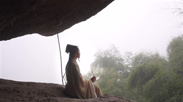 A Ming Dynasty Chinese scholar (resembling Wang Yangming) in Hanfu sits in a misty cliff cave, focused on writing with a traditional brush. A serene scene blending Chinese philosophy, cultural heritag