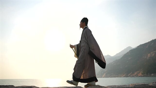Chinese ancient scholar, Wang Yangming, Su Shi, Hanfu, Ming Dynasty, Song Dynasty, traditional Chinese costume, seaside stroll, leaning on cane, overlooking the sea