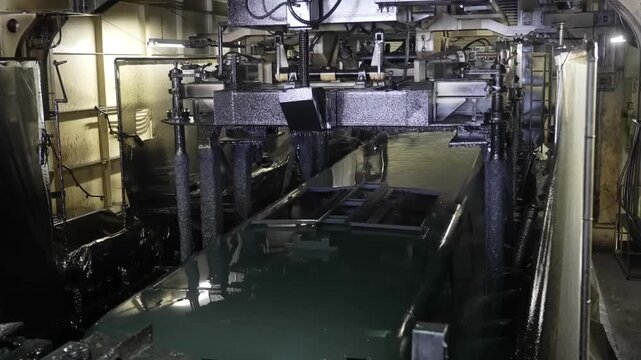 Automated conveyor system transporting a submerged bus chassis through an industrial coating tank