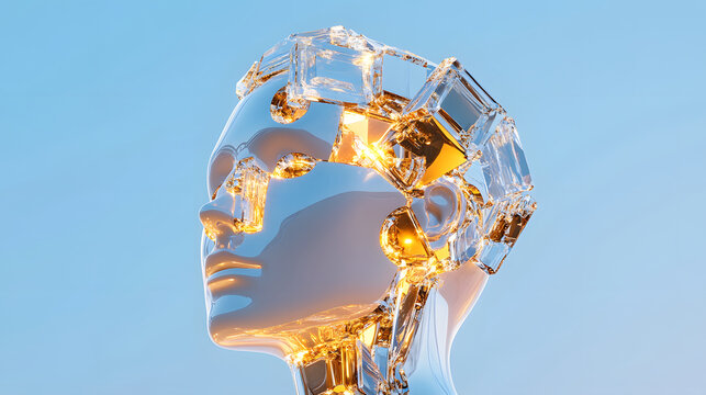 Futuristic android head cyberpunk crystal brain glowing technology concept art surreal blue sky background futuristic android head cyberpunk crystal brain glowing curiosity