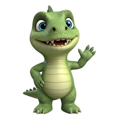 Fototapeta premium Cartoon dinosaur character waving friendly with green skin and cheerful smile