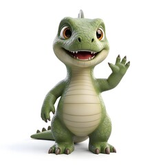 Fototapeta premium Cartoon dinosaur character waving friendly with green skin and big eyes