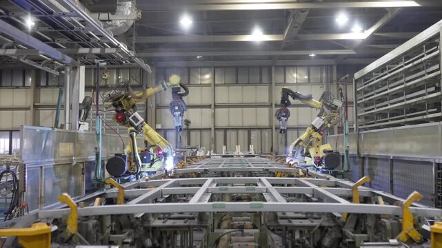 Multiple robotic arms working in sync to weld a complex vehicle floor frame on a production line