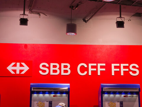 Logo and acrononyms of the swiss federal railways or SBB in german, CFF in french and FFS in italian in the central station of Bern on March 23, 2026 in Bern, Switzerland.