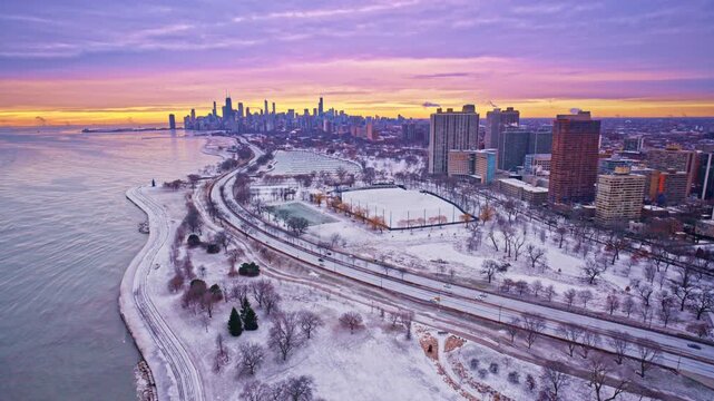 Sweeping drone aerial of Chicago&rsquo;s Loop at dawn in the winter season.