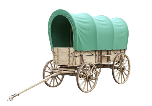 Covered wagon with green canvas top on transparent background old western transportation vintage vehicle rustic wooden wagon frontier travel cart