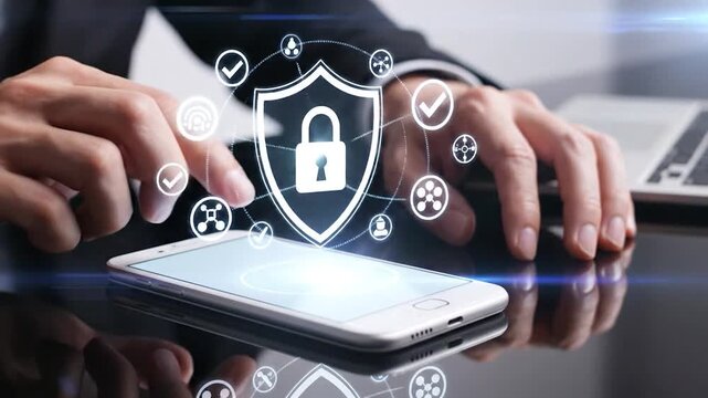 Digital security concept person using smartphone with glowing shield and lock icon symbolizing protection of data and privacy on modern device