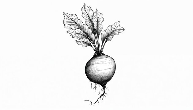 Detailed hand drawn illustration of a single fresh beetroot with green leaves and visible roots against a white background. Minimalist line art style emphasizes natural form.