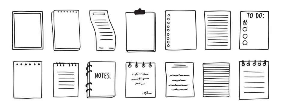 sheets various notebooks doodle hand drawn outline set. paper with stripes or dots, blank collection. Notebooks reminder, memory sketch pages. notes sheet