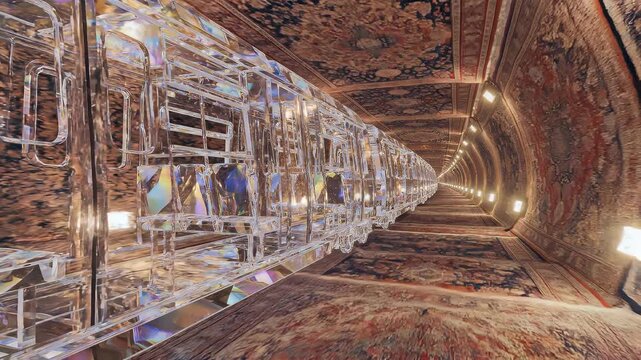 Transparent Crystal Subway Train Gliding Through Surreal Tunnel Lined with Persian Rugs