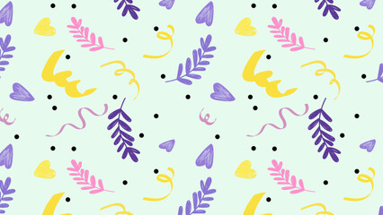 Vibrant floral and leaf pattern with whimsical shapes and dots