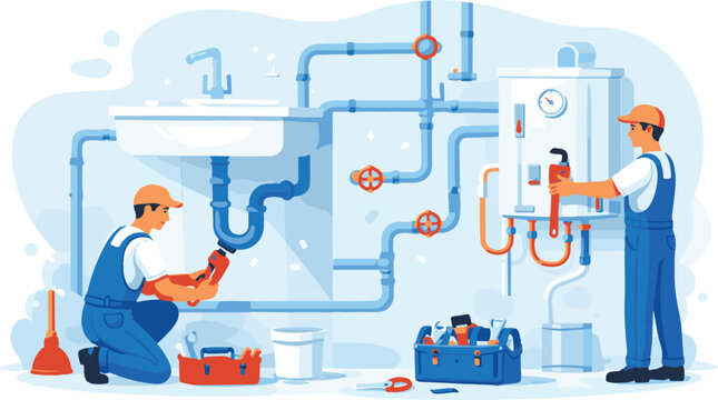 Professional Plumbing Service and Pipe Repair &ndash; Flat Vector Illustration