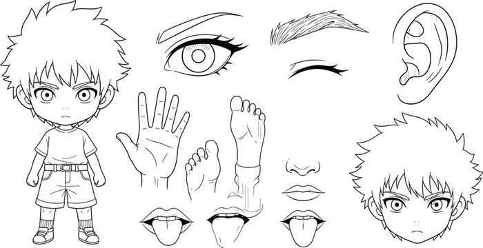 Anime character design sheet featuring a male chibi boy with various facial expressions and body parts vector set.