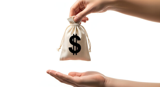 A hand offering a money bag with dollar sign to another hand isolated on white background