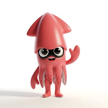 Cartoon squid character with red skin and large eyes isolated on white