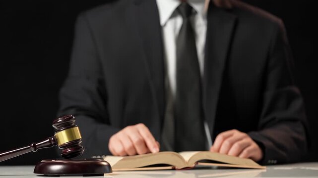 Attorney, lawyer and judge in formal suit review legal documents, scales of justice, stacked law books, conveying legal preparation justice. concept of law judiciary legislature applied to democratic