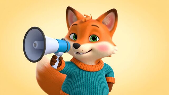 Cartoon Fox with Megaphone with Yellow Background.