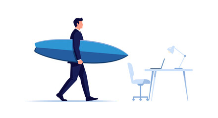 Obraz premium Businessman carrying a surfboard, ready for a break from work.