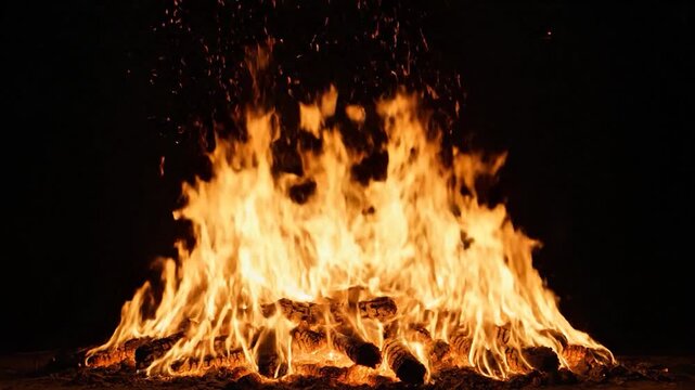 A large bonfire burns brightly in the darkness with many flames