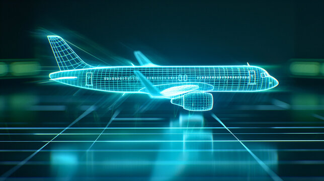 Futuristic Aircraft Blueprint Wireframe Glowing Cyan Neon Tech