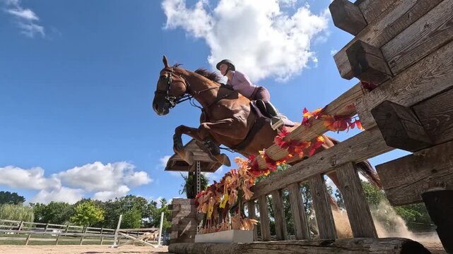 Competitive horse jumping in an outdoor course. Filmed in slow motion.