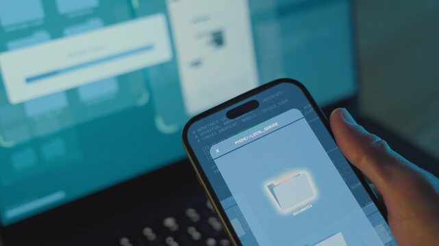 Stealing or transferring files. Smartphone showing file transfer interface with laptop screen in background. Data exfiltration, unauthorized file transfer, hacking, cybercrime, and information theft.
