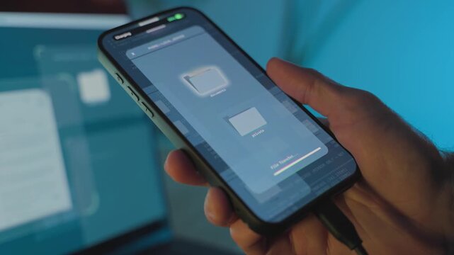 Hand holding smartphone connected by cable, transferring files or data with laptop in background. Data transfer, device connection, file syncing, data exfiltration, hacking, and cybersecurity concept.