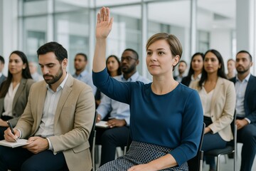 Obraz premium Confident businesswoman raising hand during seminar in modern office conference room with diverse professional audience listening attentively. Ai generative
