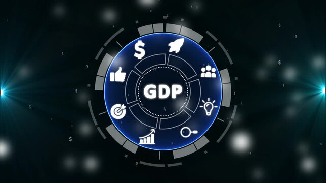 Digital circular interface displaying GDP with business icons and dollar signs Gross Domestic Product
